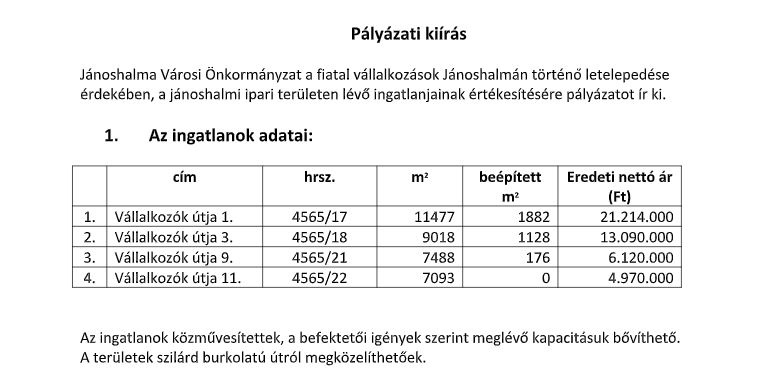 Pályázat - ipari területen lévő ingatlanok